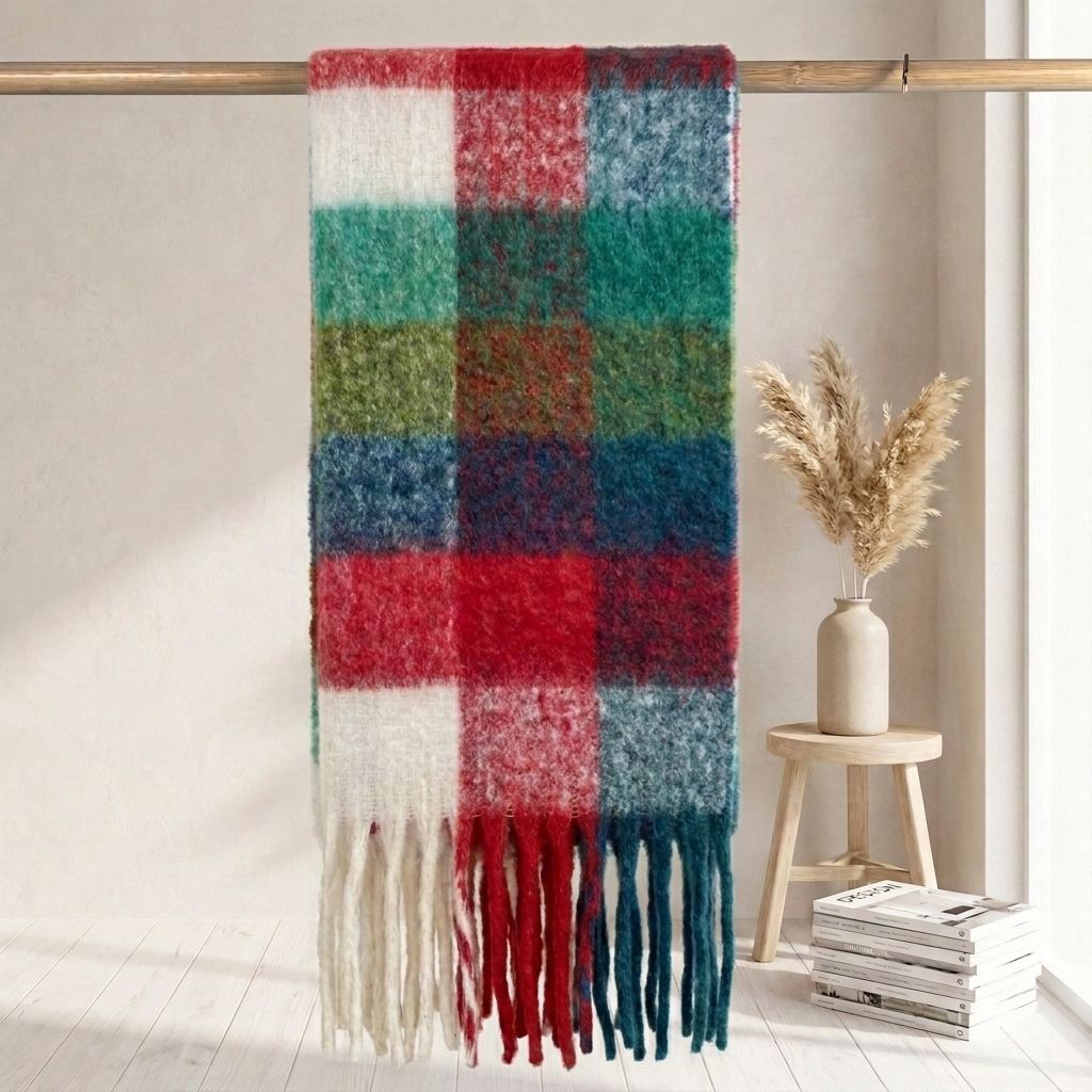 Checkered scarf in mohair look, warm for autumn and winter