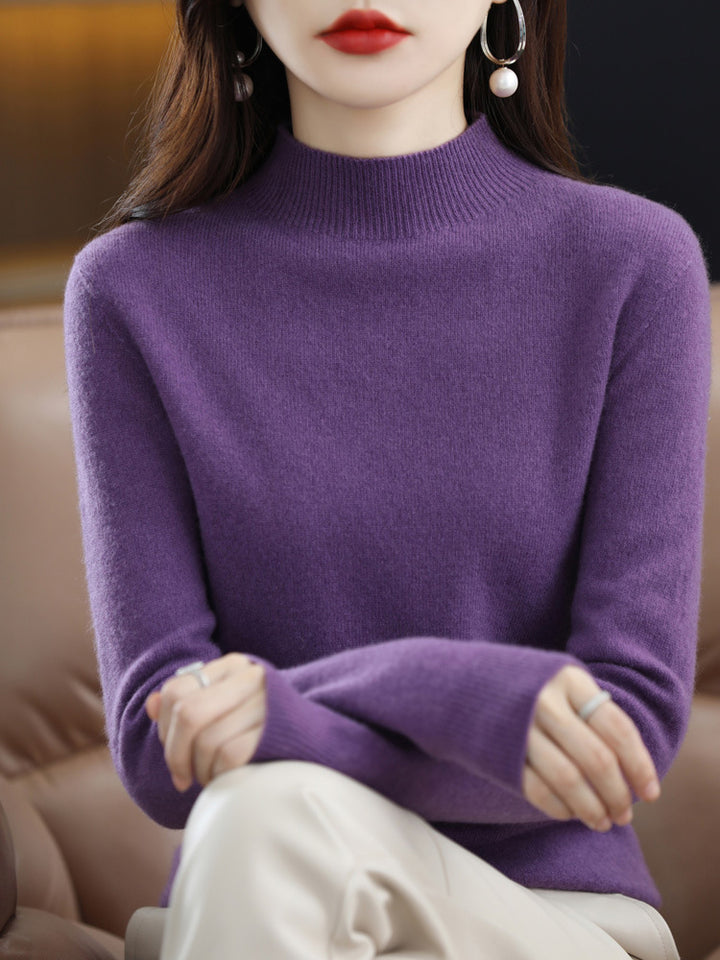 Wool pullover with rolled hem and stand-up collar
