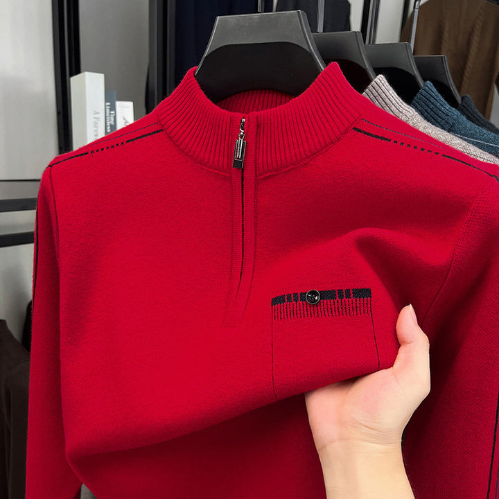 Men's knit sweater with stand-up collar and zipper