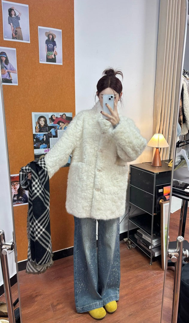 Women's coat in lambskin look, mid-length, lined