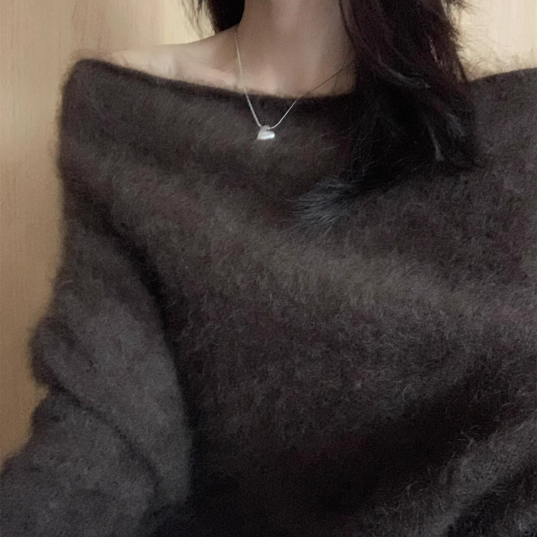 Women’s knit sweater with off-the-shoulder neckline, loose