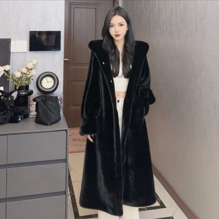 Mid-length coat in mink fur look with hood
