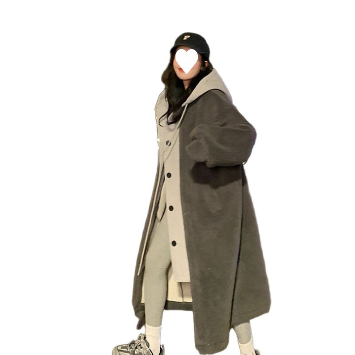 Lamb fleece hooded coat for women, long, loose fit