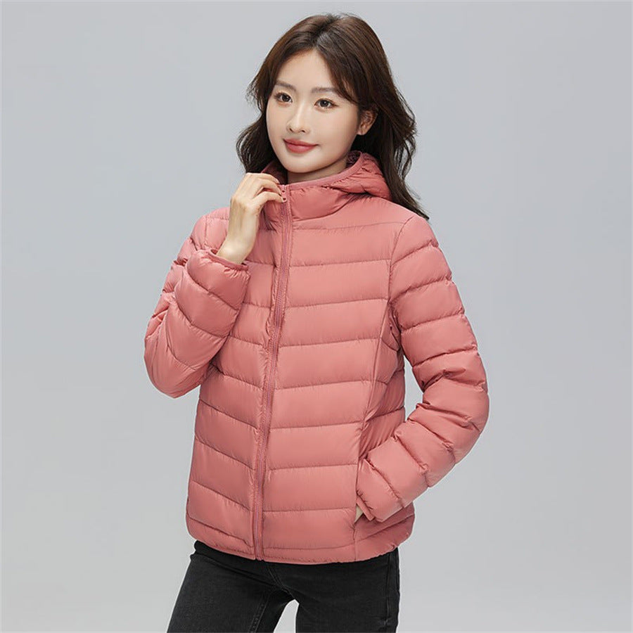 Women's down jacket, short, with hood, lightweight and warm