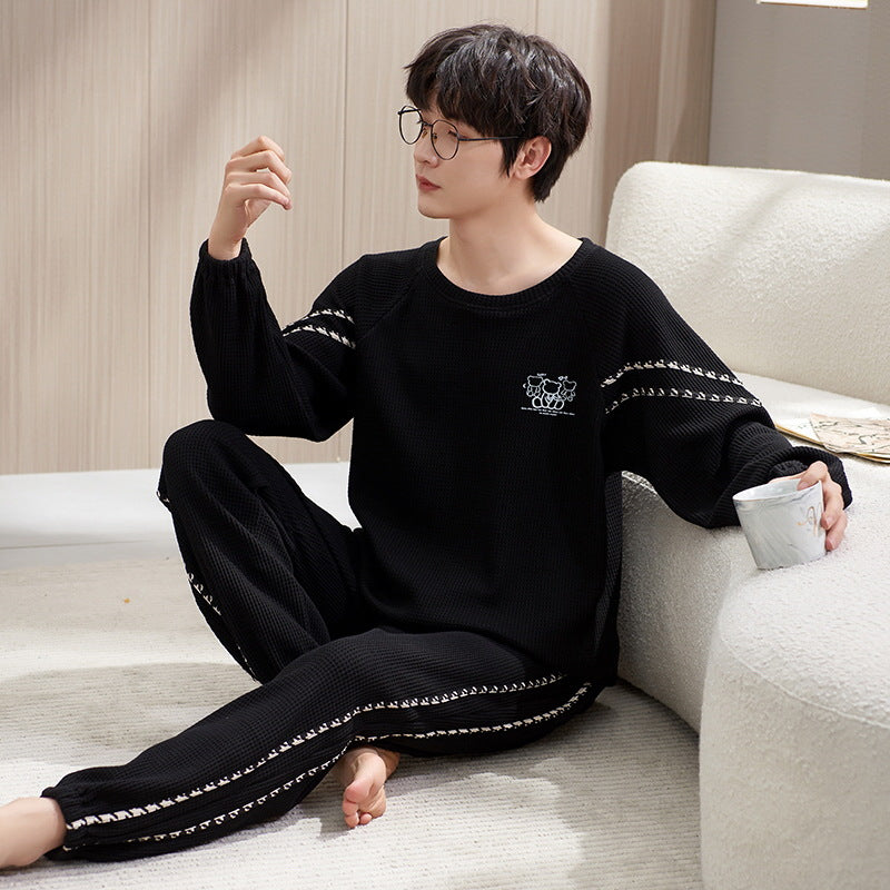 Waffle structure men's pajamas set, long-sleeved