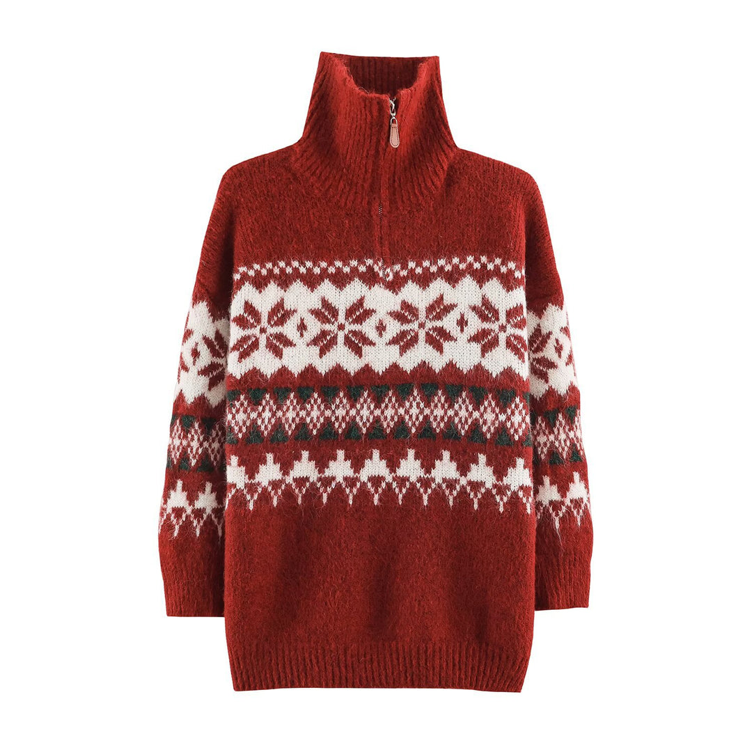 Fair-Isle knit sweater with stand-up collar and zipper