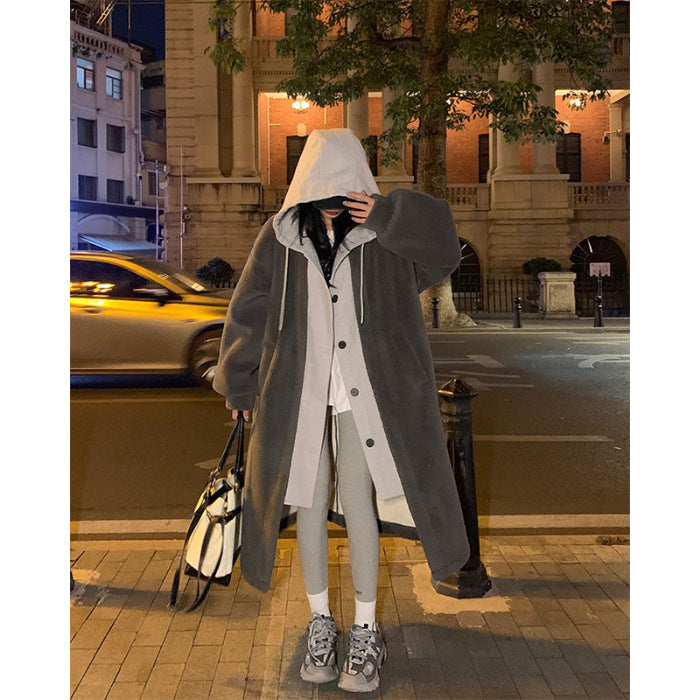 Lamb fleece coat, hood, combined design