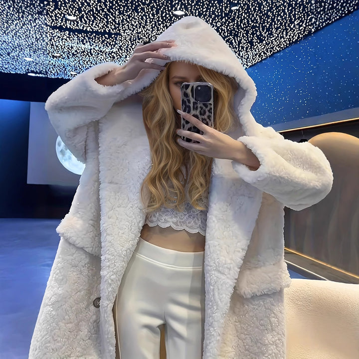 Long women's faux fur coat, casual fit