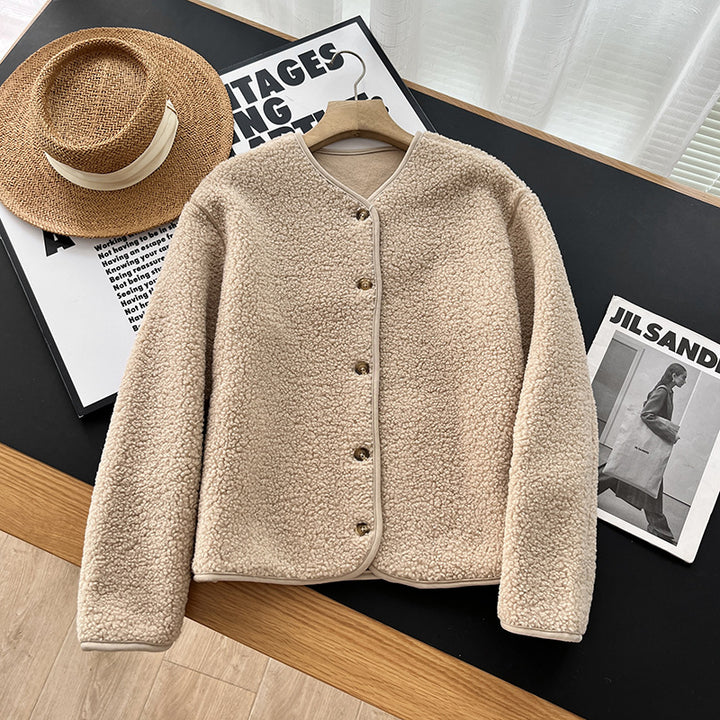 Warm lamb fleece cardigan with round neck for women