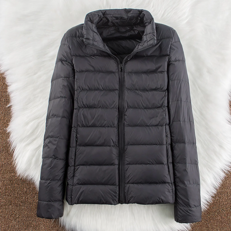 Light women's down jacket with hood and stand-up collar