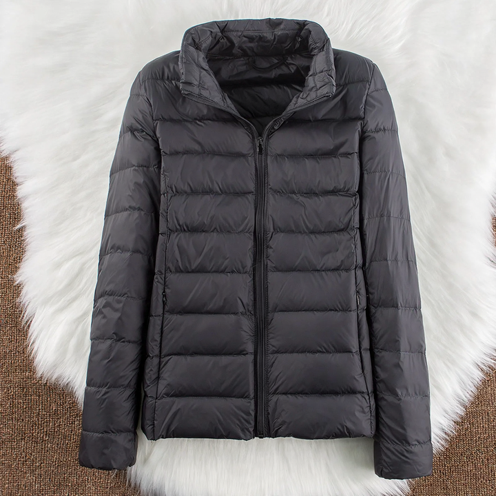 Light women's down jacket with hood and stand-up collar