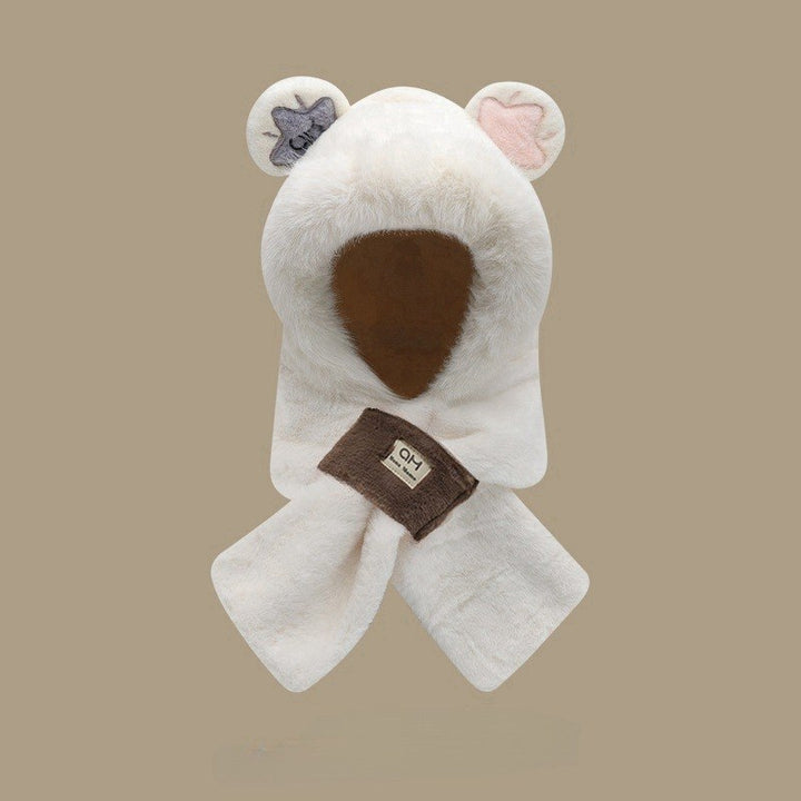 Women's Plush Hooded Scarf with Bear Design