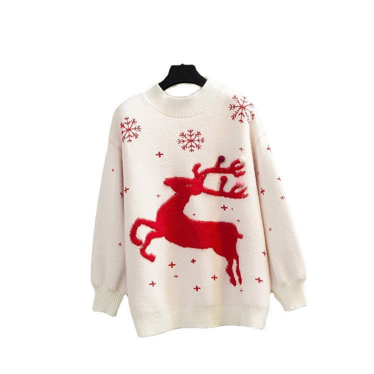 Loose women's Christmas sweater with reindeer motif