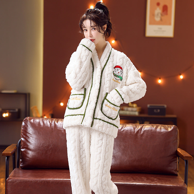 Women's flannel pajama set with Christmas collar, insulated