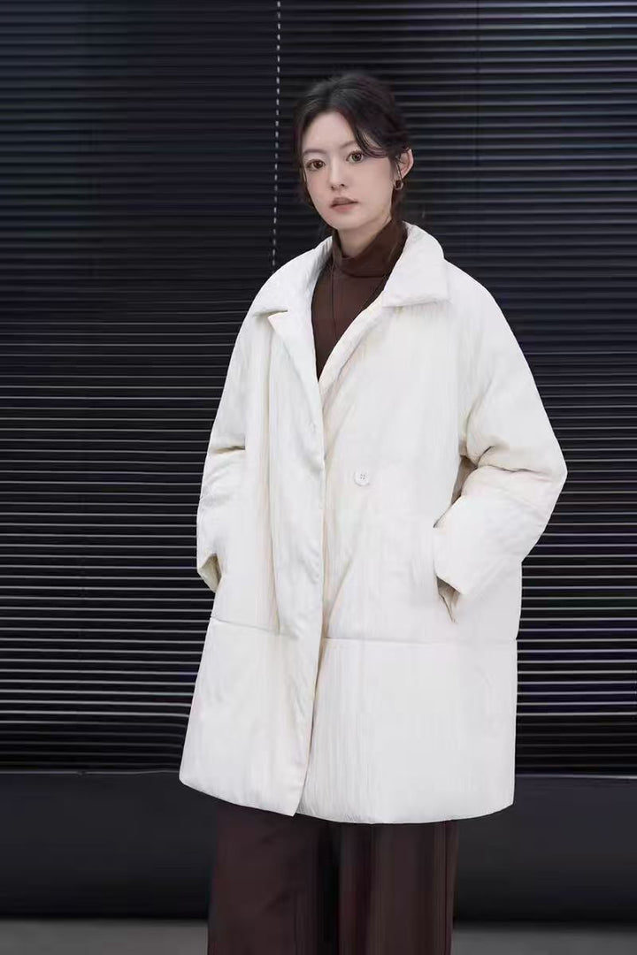 Mid-length down jacket with lapels, white duck down