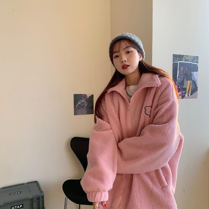 Casual teddy fleece jacket with stand-up collar and bear motif
