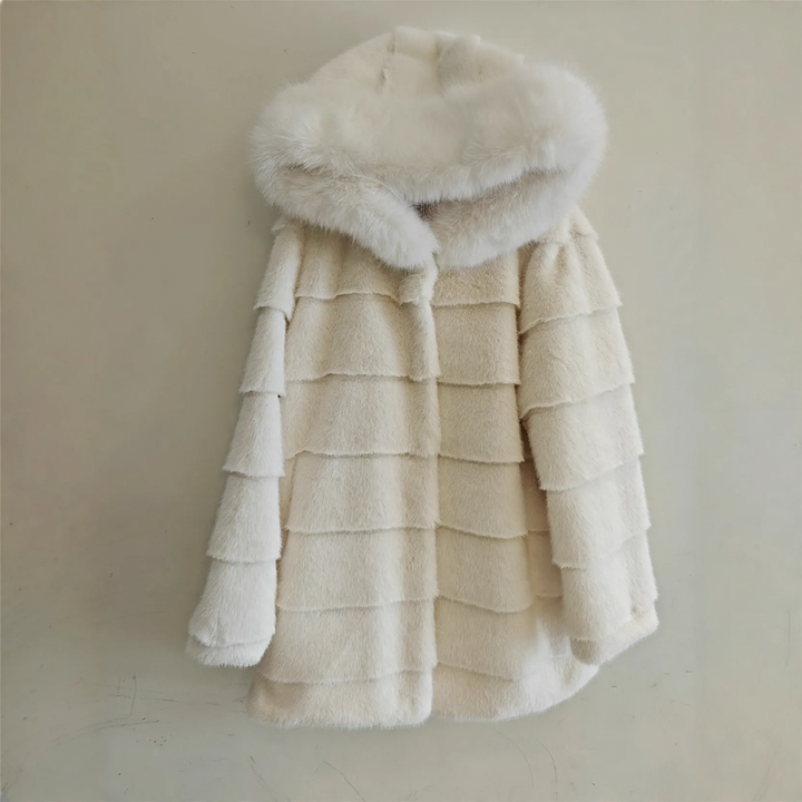 Long women's faux fur coat with hood and fur collar