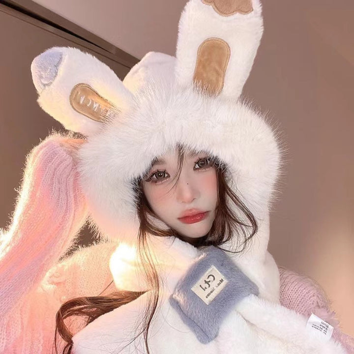 Plush hat with rabbit ears and scarf, women, winter