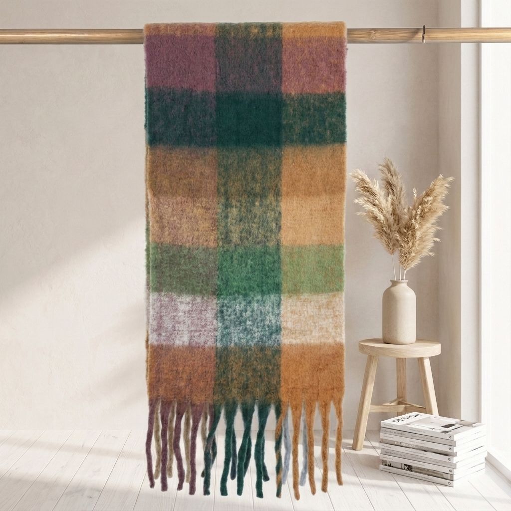 Checkered scarf in mohair look, warm for autumn and winter