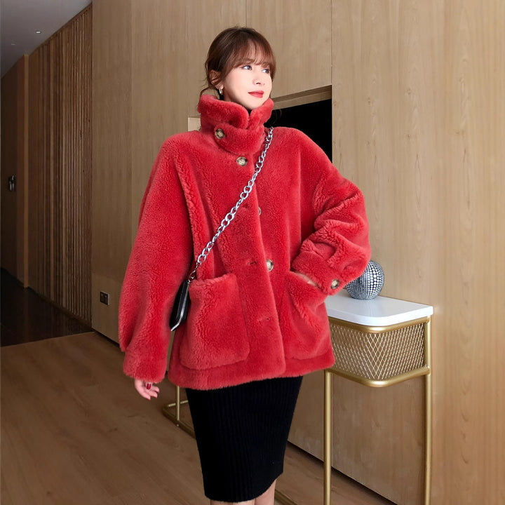 Women's coat made of 100% wool, lambskin look