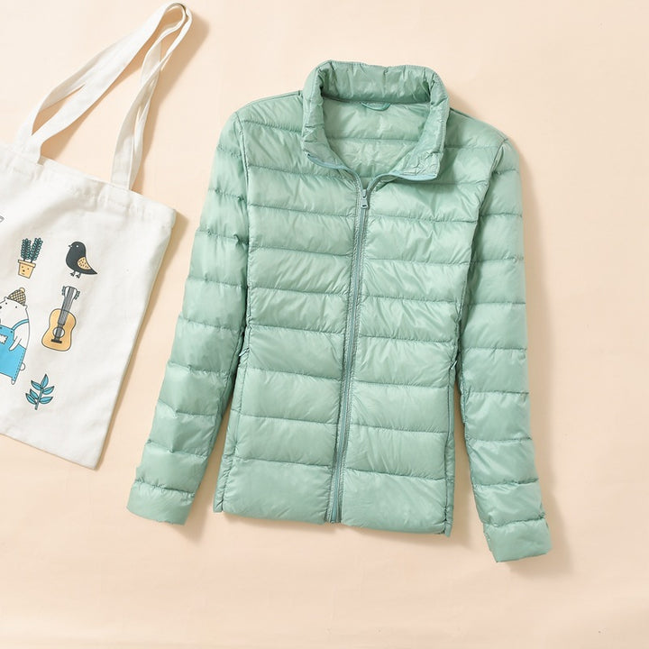 Women's down jacket, short, stand-up collar, fitted, with duck down