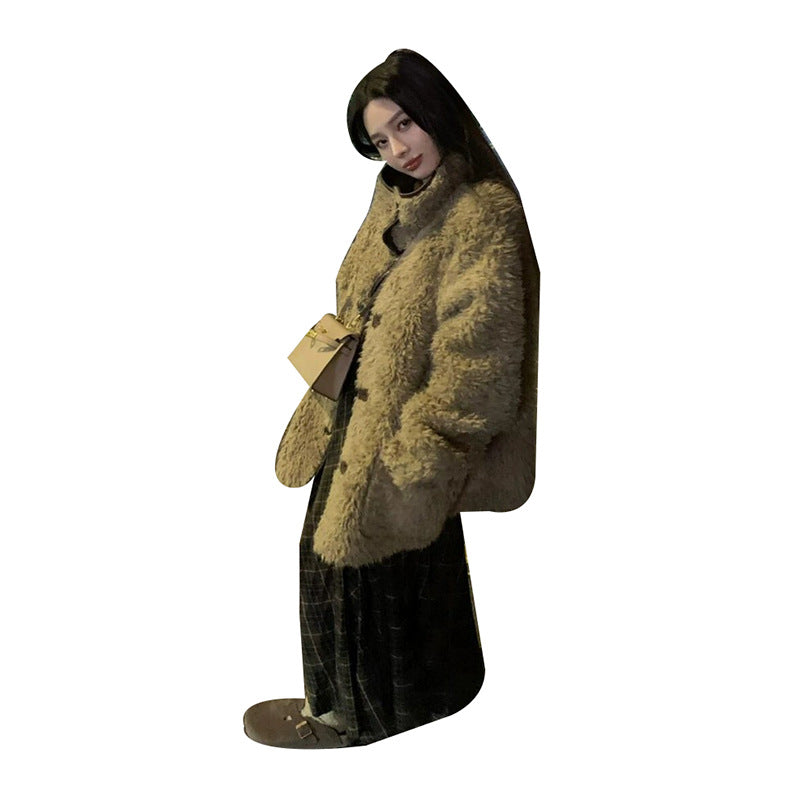 Reversible women's lamb fur imitation jacket, mid-length