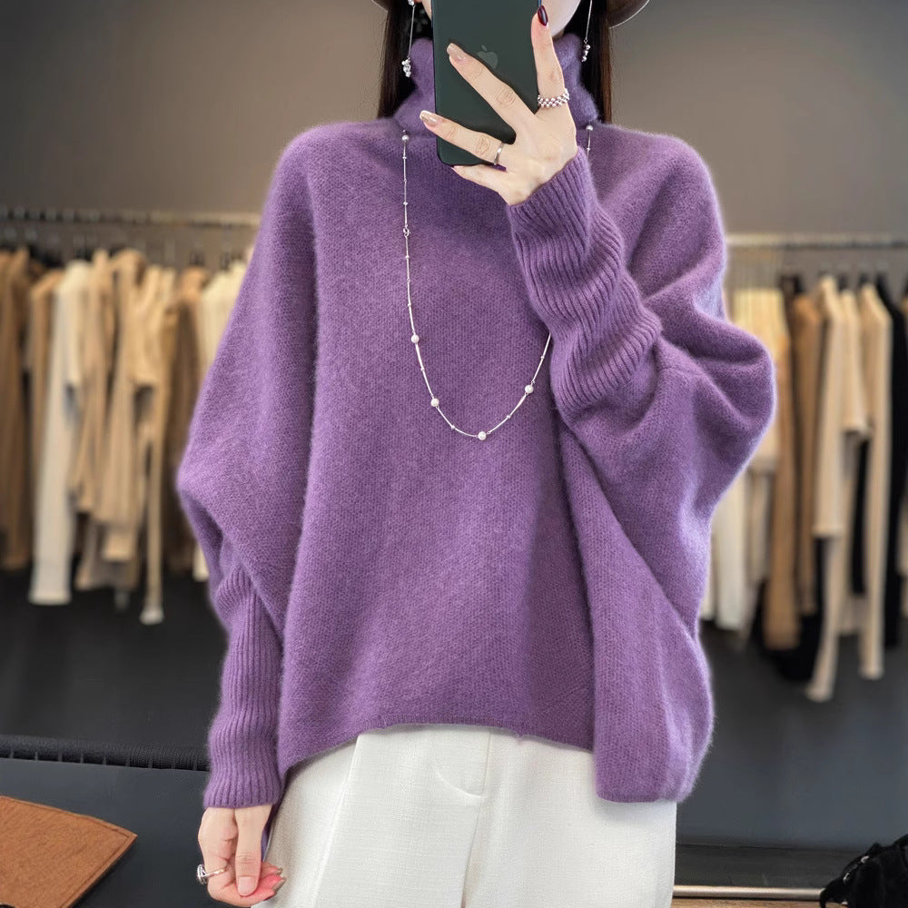 Women’s wool sweater, stand-up collar, loose fit