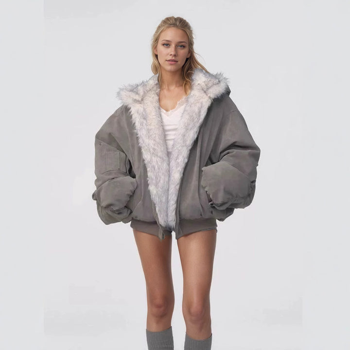 Reversible hooded jacket made of suede imitation and faux fur