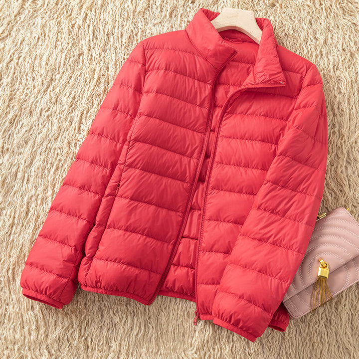 Light women's down jacket with stand-up collar