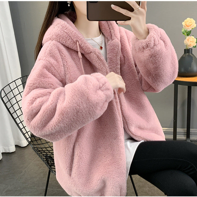 Padded hoodie coat made of lamb fleece