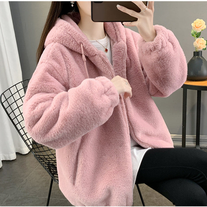 Padded hoodie coat made of lamb fleece