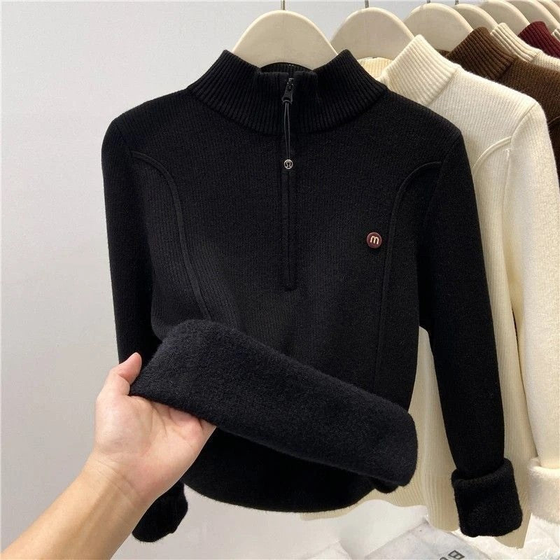 Women's knitted sweater with zipper and stand-up collar