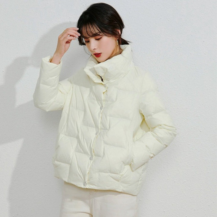 Light women's down jacket, short, stand-up collar