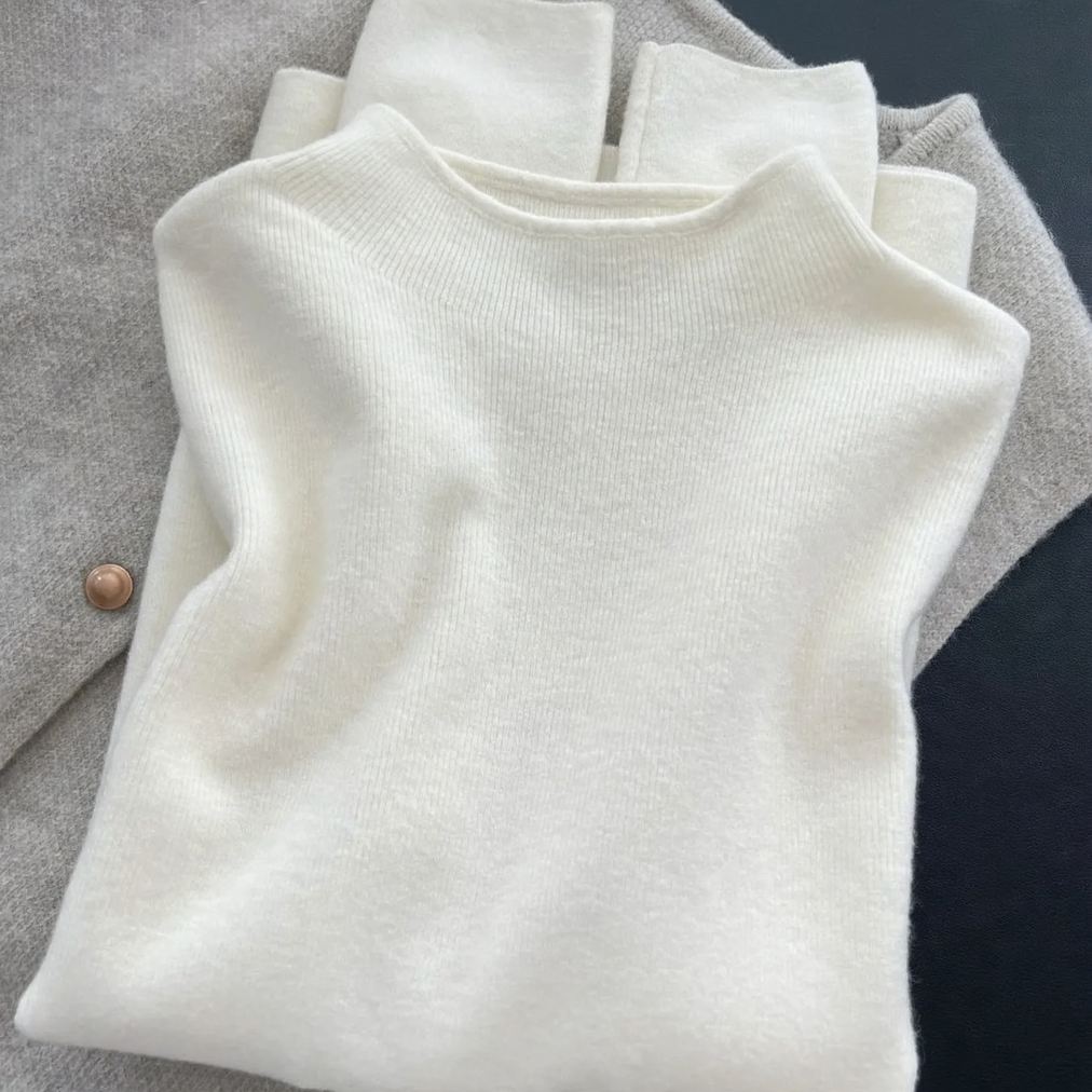 Women's knit sweater with stand-up collar, solid color