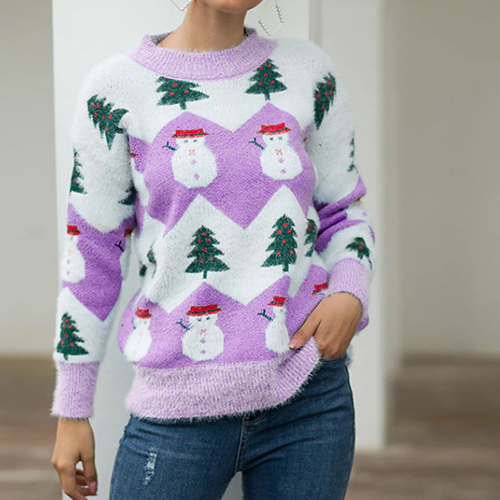 Women’s knitted pullover with round neck and snowman motif