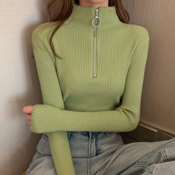 Women's knit sweater with stand-up collar and zipper