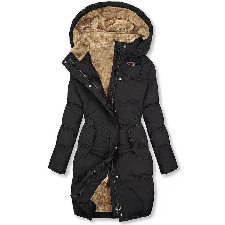 Women's quilted coat, mid-length, with hood and lining