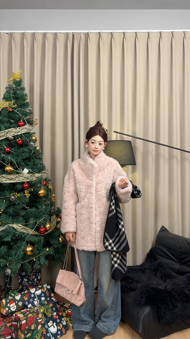 Women's coat in lambskin look, mid-length, lined