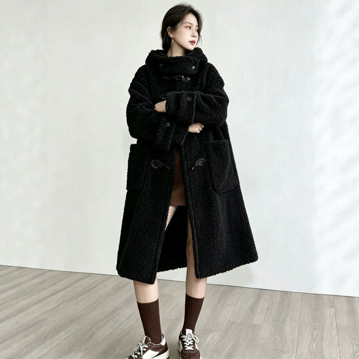 Long lamb fleece imitation coat with hood