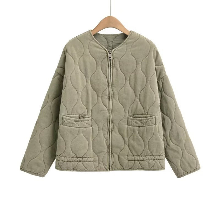 Women's quilted jacket with standing collar and tie belt
