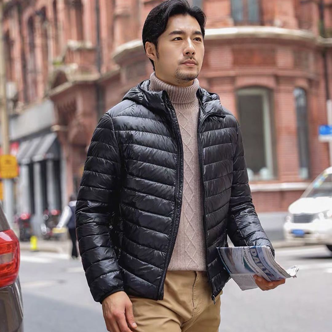 Light men's down jacket with hood, white duck down lining