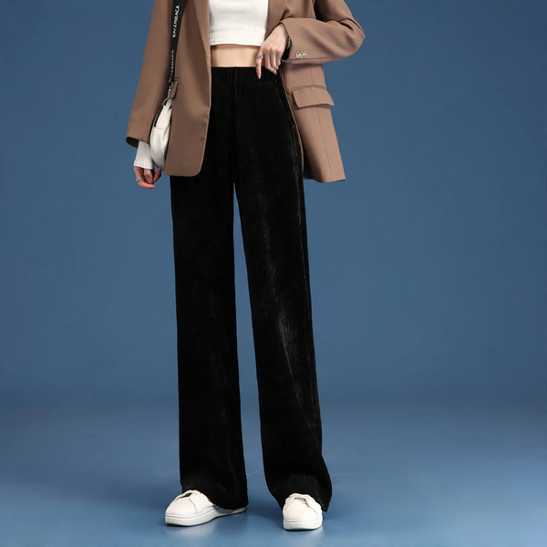 Fleece-lined cord wide pants for women, straight cut