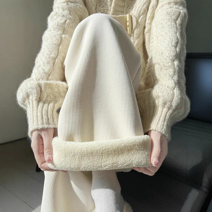 Padded corduroy knitted trousers with high waist