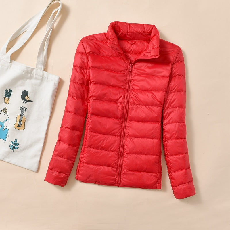 Women's down jacket, short, standing collar, tailored, with duck down
