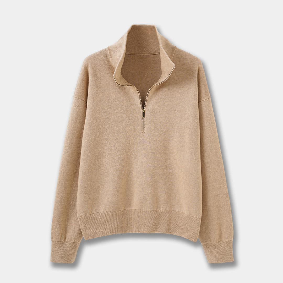 Women's knitted sweater with zipper and stand-up collar