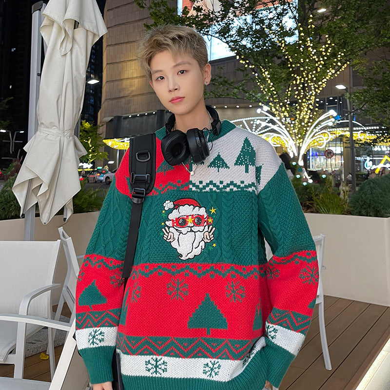Loose Unisex Knit Sweater with Christmas Motif