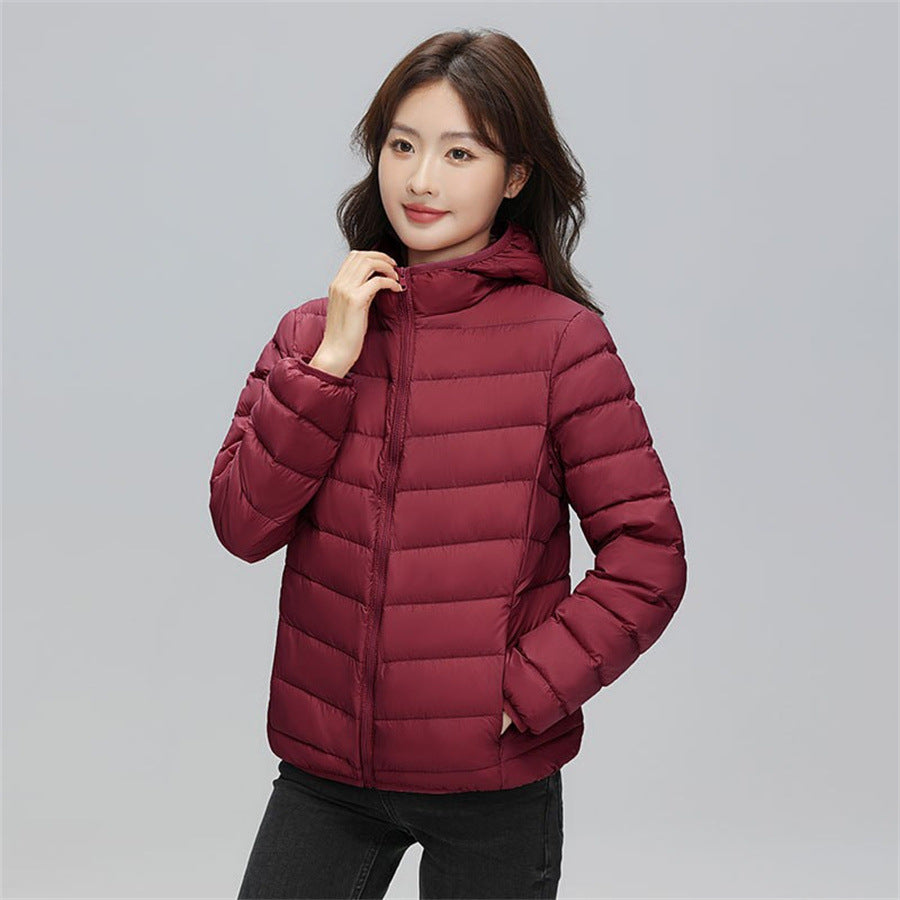 Women's down jacket, short, with hood, lightweight and warm