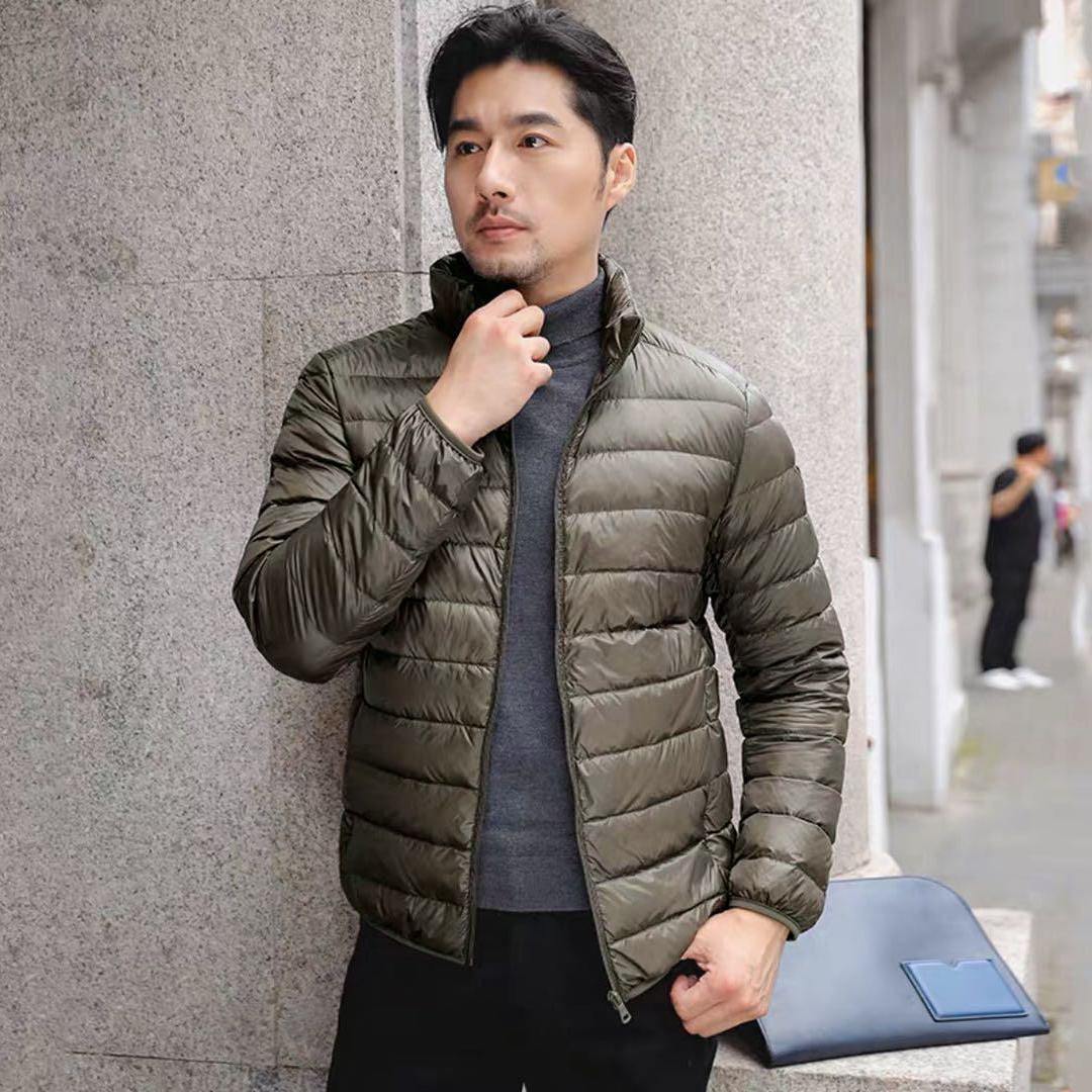 Men's down jacket, short, slim fit, with white duck down