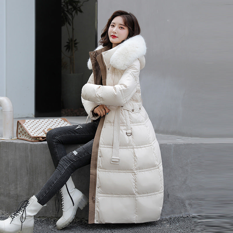 Long women's winter coat, tailored, with belt and fur collar