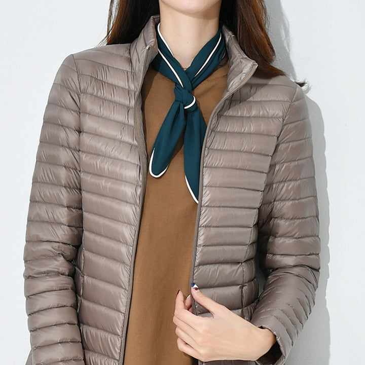 Women's down coat, mid-length, stand-up collar